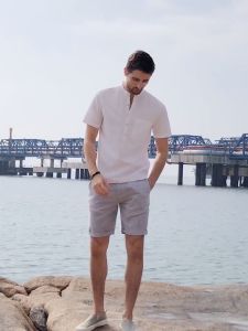 NEW WESTERN Summer casual pure color stand -up collar short -sleeved shirt mens Japanese fresh breathable krane shirt T -shirt trendy top men