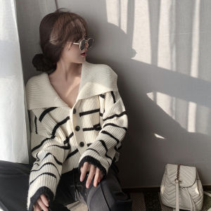 Knitwear Spring New Arrival Contrast Color Stripes Tops Womens Lapel Cardigan Knitted Coat Knitting Coat Womens Sailor Collar Sweater Womens
