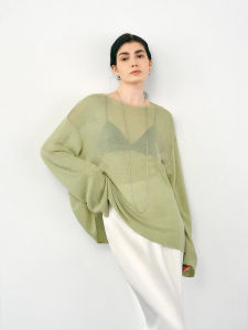 French Style Slightly See-through Thin Ice Silk Knitting Blouse T-shirt Female Summer Cut Out Loose-Fitting Curl Sun Protection Air-Conditioner Long Sleeves Tops