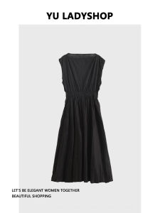 Export Label Cut Womens Clothes Big Brand Tail Goods French Style Temperament Elegance Black Silm Sleeveless Pleated Dress Black Dress