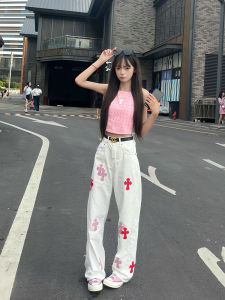 Cross Embroidery Straight Leg Jeans Womens Loose Slimming Wide Leg Long Trousers Fashionable High Waist Machine Washed Denim