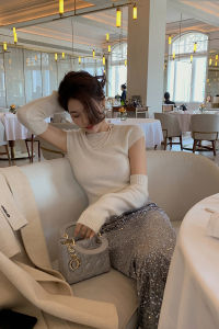 Shiny Heavy Embellished High Waist A-Line Skirt Womens Winter Long Birthday Skirt with Sweater Commute Pure Color Polyester Fiber