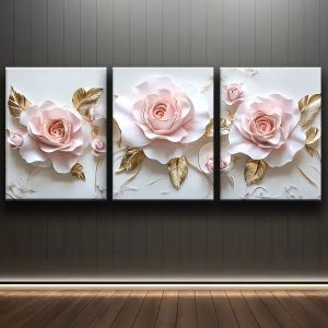 3pcs Pink Rose Canvas Wall Art 3D Floral Art Panel Frameless Wall Decor for Living Room Bedroom Kitchen Bathroom Bedroom W
