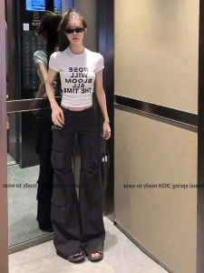 High Waist Straight Leg Utility Pants Womens Summer New Long Pants Loose Slimming Wide Leg Trousers High Street Style