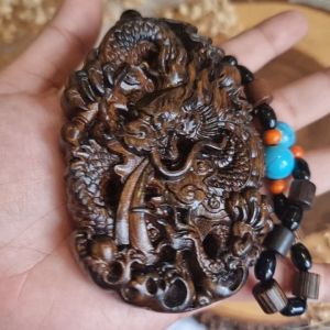 Dragon Double Sided Wood Carving Hanging Charm Ornament - 2024 Year of The Wood Dragon Fengshui
