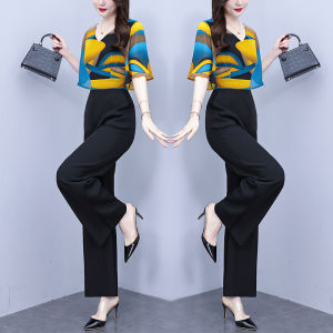 Impression Fashion Women Elegant Chiffon V-neck Trumpet Short Sleeve Print Joint Plain Color High Waist Wide-leg Jumpsuit