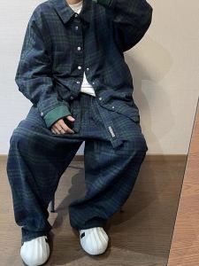 American Retro Green Plaid Long Sleeve Shirt Set Mens Style Autumn New Streetwear Casual Two-Piece Suit Youth Fashion