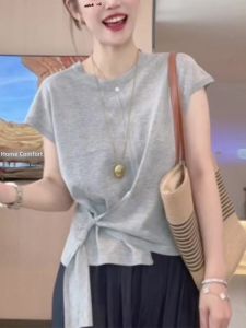 Shalldoer | Casual Style Womens T-Shirt Summer Slim Fit Short Sleeve Irregular Belt Design Versatile Top Straight Cut Pure Color Round Neck