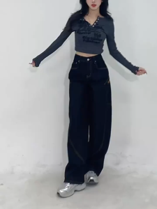 FASHLOVER Embroidered Cargo Jeans American Style Retro Pants Design Sense Loose Women Curved Knife Pants