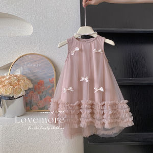 Váy Lưới Mùa Hè Cho Bé Gái Phong Cách Hàn Quốc Có Nơ Bướm Váy Sinh Nhật Thanh Lịch Cho Bé Gái Váy Công Chúa Không Tay Dài Vừa Phải