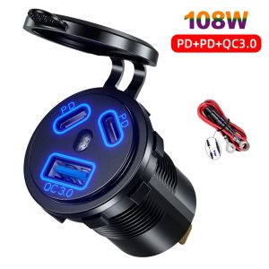 3 Ports Quick Charge Dual PD & QC 3.0 112W Aperture Car Charger Outlet Socket For 12V 24V Motorcycle Boat Marine Truck ATV