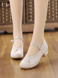Embroidered National Style Hanfu Shoes for Women High Heel Daily Use Round Head Coarse Heel TPR Sole Cloth Lining