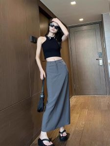 High-Waisted Slimming Grey Bodycon Skirt for Women Mid-Length Midi Dress Style Best for Summer Commuting