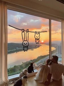 Modern Minimalist Cartoon Rabbit Bear Pattern Balcony Glass Door Floor-to-Ceiling Window Decorative Stickers Cute Warning Decals