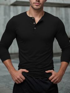 Mens Long Sleeved Henley Neck T-shirt Slim Fit Bottoming Shirt Fitness Tops Tees Button Neck Casual Cozy Tshirt