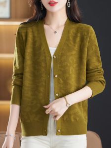 ฤดูใบไม้ผลิ ฤดูใบไม้ร่วง ถักสีบริสุทธิ์ เสื้อคาร์ดิแกนแคชเมียร์ ผู้หญิง คอวี เปิดหน้าสั้น หลวม Fit สไตล์เกาหลี แขนยาว เสื้อสเวตเตอร์ เสื้อแจ็คเก็ต