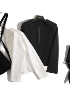 Business Commute Short Acetate Jacket round Neck Nine Sleeve Womens Top Black White Trimmed Sensation Ladies Outerwear