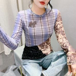 Yige 2024 quần áo mùa thu thiết kế Ý nghĩa: cổ tròn dài tay khối màu lưới T-Shirt vị trí in áo thun cơ bản của phụ nữ thời trang co giãn ôm gọn xu hướng hàng đầu