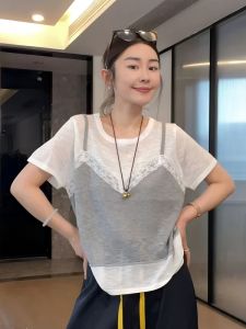 Áo Thun Cổ Tròn Ren Màu Trắng Cỡ Lớn Áo Khoác Ngoài Giả Hai Mảnh Áo Thun Mỏng Mùa Hè Áo Thun Tay Ngắn Che Béo Cho Phụ Nữ