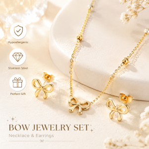 Bowknot Pendant Necklace & Stud Earrings Set Stainless Steel Beaded Clavicle Chain Minimalist Elegant Jewelry Set