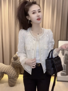 Shiny Sequin Design Short Outerwear Princess Sleeve Sun Protection Top Lightweight Summer New Style Commute Button round Neck