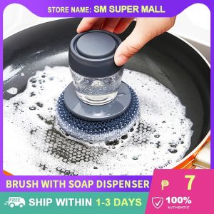 【Creative】PET Scrubber Brush with Soap Dispenser Press-type Palm Dishwashing Cleaning Brushes for Kitchen Pot Pan Sink Cooktop Stovetop Scrubbing Tools