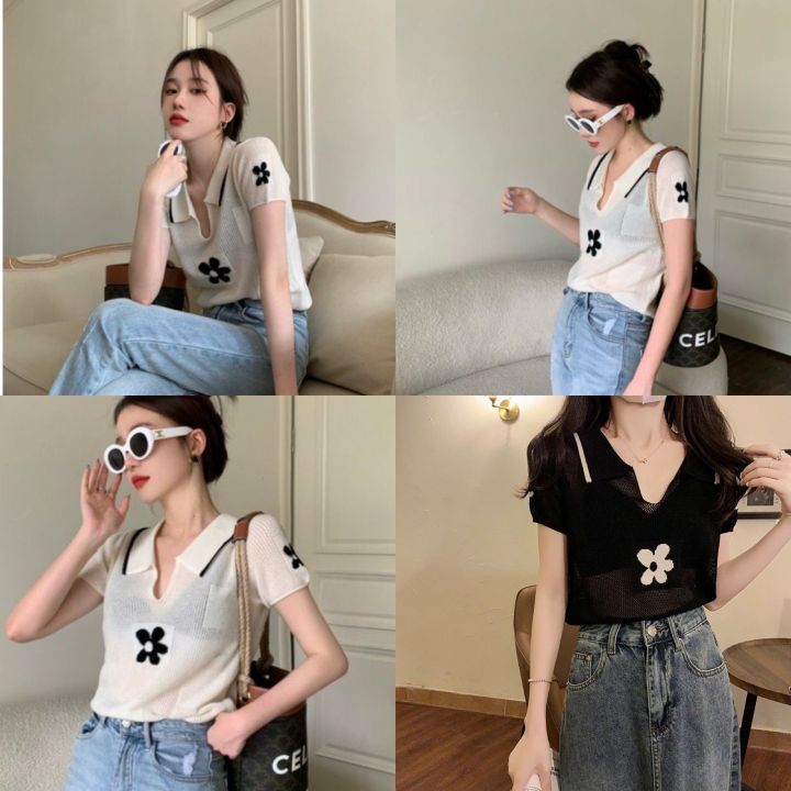 TT SHOP พร้อมส่ง เสื้อครอปคอปก แขนสั้น ซีทรูเบาๆ ดีเทลปักดอกไม้น่ารัก ...