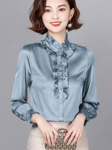 Silk Long Sleeve Shirt Spring Autumn Womens Design Sense Niche High Spring Inner Shirt Wooden Ear Look Stand Collar Top