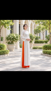 Áo dài truyền thống vải gấm lụa cao cấp in hoa văn chìm phượng hạc vai đính nơ kim ánh áo dài tết 2027