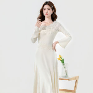 Elegant Rich Girl Style Lace Splice Shoulder Bared Dress Gentle Soft Fabric High Waist Long Sleeve A-Line Skirt for Party