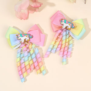 Sweet Unicorn คลิปผมสําหรับสาวโบว์ Barrette น่ารักพู่ริบบิ้น CURLY ผมหางม้า Hairpins อุปกรณ์เสริม