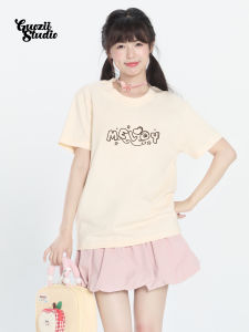 Áo Thun Nữ Tay Ngắn Màu Đào Guozii Dopaamine Dáng Ôm Vừa Vặn Cổ Tròn in Họa Tiết Mùa Hè Thường Ngày