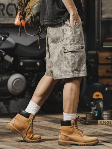 Camouflage Denim Shorts Mens American Retro Loose Workwear Five-Quarter Thin Summer Trendy Jeans Pocket Decorative Rivet Splicing Color