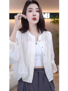 White Thin Chiffon Shirt Womens Summer New Fashion Design Sun Protection Outerwear Top Quality Material Long Sleeve round Neck
