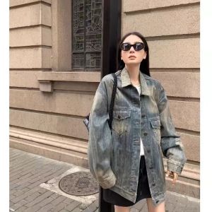 ZhouMiao อุตสาหกรรมหนักล้างวินเทจ ผู้หญิง กางเกงยีนส์ เสื้อแจ็คเก็ต ลำลอง หลวม Fit ฤดูใบไม้ร่วง เสื้อท่อนบน โพลีเอสเตอร์ เสื้อยืดแขนยาวไฟเบอร์