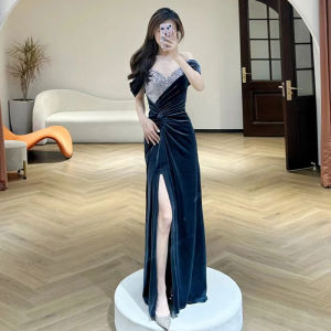 Blue Velvet One Shoulder Long Evening Dress Birthday Party Wedding Reception Fashionable mid Waist Gown with Train for Women