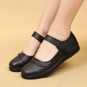 LUQUTCR Black Leather Loafers For Women Round Toe Non Slip Thick Sole Comfortable Casual Office And Daily