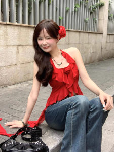 chaqi | Áo ba lỗ cổ treo màu đỏ gợi cảm phong cách Mỹ cổ điển dành cho nữ không đều thường ngày mùa hè 2025 áo khoác ngoài không có đệm ngực