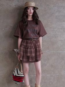 Americana Sweet-Spicy Style Two Piece Set Plaid Mesh Skirt with Belt