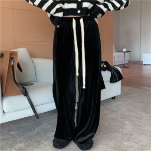 กางเกงขายาวทรงตรงผ้ากำมะหยี่สีทองเอวสูง ทรงหลวม ทรงหลวม กางเกงขายาวทรงหลวมสำหรับผู้หญิงในฤดูใบไม้ผลิและฤดูใบไม้ร่วง