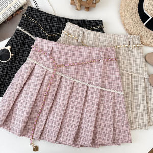 Fashion Lace Lace Gingham Elastic High Waist Slimming Skirt Exposure-Proof Skirt A- Line Skirt with Waist Chain for Women