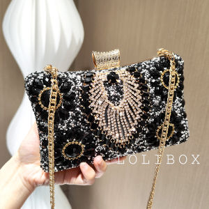 Lolibox Heavy Embroidery Bead Work Diamond Clutch Bag Small Handbag Evening Party Dress Bag Vintage Style Alloy Geometric Pattern