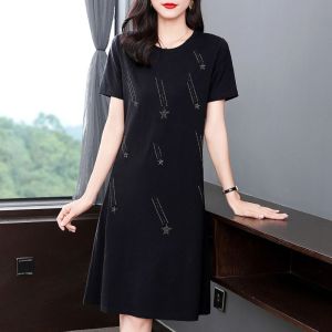 Fashion Womens Midi Loose Dress Short Sleeve Round O Neck Star Printing Shirt Dress Plain Color Causal Girl Loose Long Summer A-Line Shirt Dresses Knee #1229