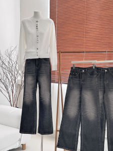 High Waist Wide Leg Jeans Women Casual Loose Straight Leg Pants Waxed Retro Dark Grey Color Fall Wear Denim Floor Length Trousers