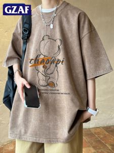 GZAF New Heavyweight Pure Cotton Short Sleeve T-Shirt Men Summer Half Sleeve Loose Fit Youthful Printed round Neck Top