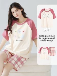 MiiOW | Bộ đồ ngủ cotton nguyên chất cho nữ mùa hè 2025 Áo chui đầu cổ tròn in họa tiết hoạt hình Quần short thoáng khí thoải mái
