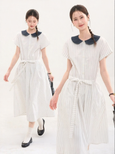 HTMEME | Sweet Preppy Style Collar Striped Short Sleeve Midi Dress