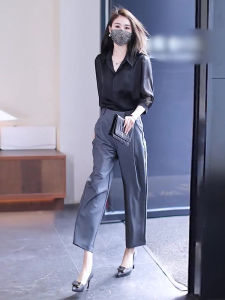 Casual Fashionable Womens Suit Set Small Size Unique Shirt Top Grey Pants Two Piece Set Autumn Season Elegant Classy Brand