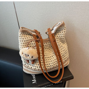 Summer Cotton Yarn Woven Large Capacity Commuter Tote Bag Beach Vacation Single Shoulder Bag Versatile Korean Style Handbag