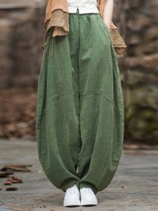 Artsy Large Size Pure Cotton Tai Chi Pants Lantern Trousers High Quality Long Pants Commute Style Natural Waist Casual Pants